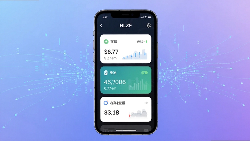 HLZF 设备状态查看页面示意图,画面中心为手机屏幕显示存储、电池、内存等数据卡片,屏幕后方为柔和的蓝紫色渐变背景,周围有细小的数据流线条装饰,整体科技感与实用性并重,突出 HLZF 应用的信息展示功能,适配 Boogu 模型生成