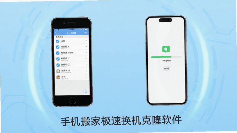 手机搬家极速换机克隆软件主界面全貌展示,画面中央位置为两部智能手机屏幕相对,左侧旧手机屏幕显示数据列表勾选界面,右侧新手机屏幕显示传输进度条,背景区域为浅蓝色渐变科技感光晕,画面下方居中位置显示软件名称文字标识,整体风格清爽简约,适配手机应用展示场景