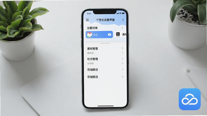 天鸿云个性化设置界面展示,手机屏幕内显示设置菜单列表,包含主题切换、通知管理、存储路径等选项,界面风格清爽,背景为浅灰色桌面,有绿植点缀,天鸿云应用图标出现在画面一角,适配Boogu模型生成