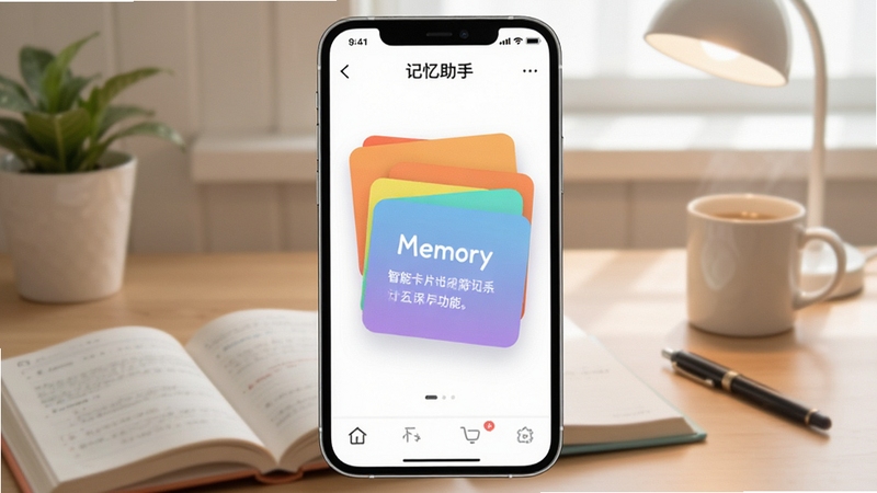记忆助手软件界面展示智能卡片记忆功能的手机应用截图,画面中心为悬浮的彩色记忆卡片,背景为柔和的学习场景书桌,风格清新简约,包含记忆助手文字标识