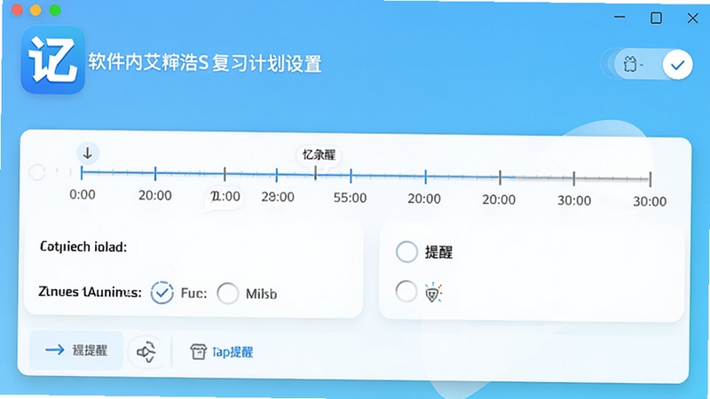 记忆助手软件内艾宾浩斯复习计划设置界面截图,展示时间轴与提醒选项,背景为淡蓝色渐变,画面明亮干净,带有记忆助手官方图标元素