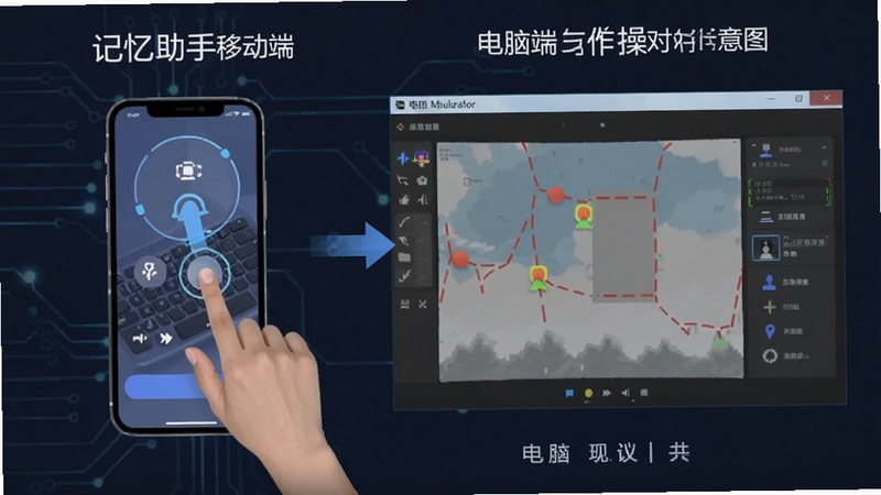 记忆助手移动端与电脑端操作对比示意图,左侧为手机触屏操作界面,右侧为电脑模拟器窗口,画面包含箭头指示操作差异,风格扁平化科技感