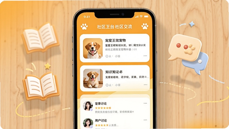 宠爱王国知识科普与社区交流界面,手机屏幕中展示宠物文章列表和用户讨论区,背景是温暖的橙黄色与浅木色搭配,画面中有书本和对话气泡图标,营造学习与分享的氛围