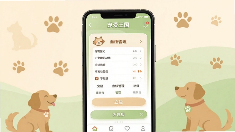 一款名为宠爱王国的宠物服务类手机应用界面展示,画面中央是手机屏幕,屏幕内呈现宠物登记与血统管理功能页面,背景区域为温暖的米色与浅绿色渐变,周围点缀可爱的猫狗剪影和宠物爪印图标,整体风格清新友好,适合软件下载站展示图