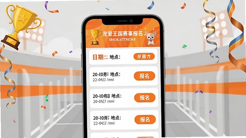 宠爱王国赛事报名页面展示,手机屏幕中呈现犬展活动列表,包含日期、地点和报名按钮,背景区域为运动场风格的浅灰色与橙色搭配,画面角落有奖杯和彩带装饰元素,体现赛事活动的活力氛围