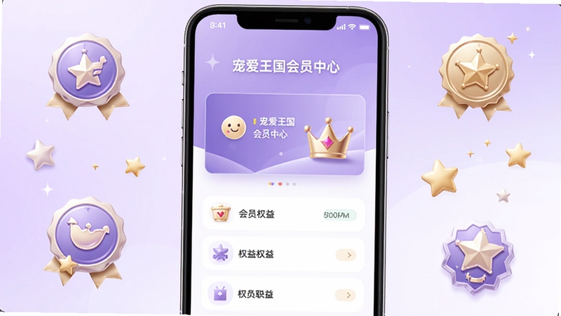 宠爱王国会员中心界面,手机屏幕显示会员卡片和权益列表,背景是柔和的紫色与白色渐变,周围有会员徽章和星星图标点缀,整体风格高端且亲切,突出会员专属感