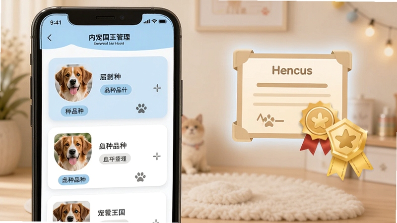 宠爱王国应用内血统证书管理界面,手机屏幕显示犬只档案列表,每只犬配有头像和品种标签,背景是淡蓝色与白色相间的卡片式布局,画面右侧有虚拟的证书图标和金色徽章,整体呈现专业且温馨的宠物管理场景