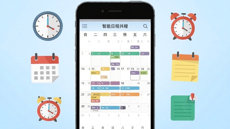 画面中央是一台智能手机,屏幕上显示智能日程表的月视图界面,彩色日程条块排列整齐,手机周围环绕着时钟、日历、闹钟、便签等扁平化图标,背景为柔和的浅蓝色渐变,整体风格简洁明快,突出时间管理主题,适合软件下载站配图