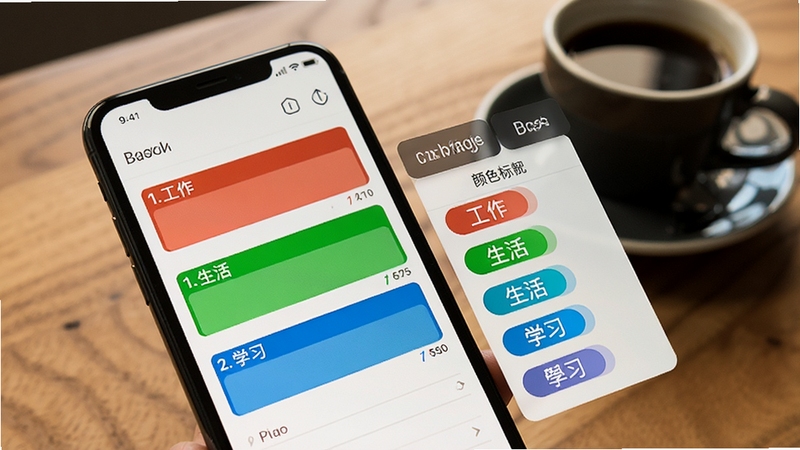 智能日程表分类标签与颜色标记功能特写,手机屏幕显示彩色日程条块,红色代表工作、绿色代表生活、蓝色代表学习,旁边有标签管理面板,可添加自定义标签,背景为木质桌面与咖啡杯,营造高效办公氛围