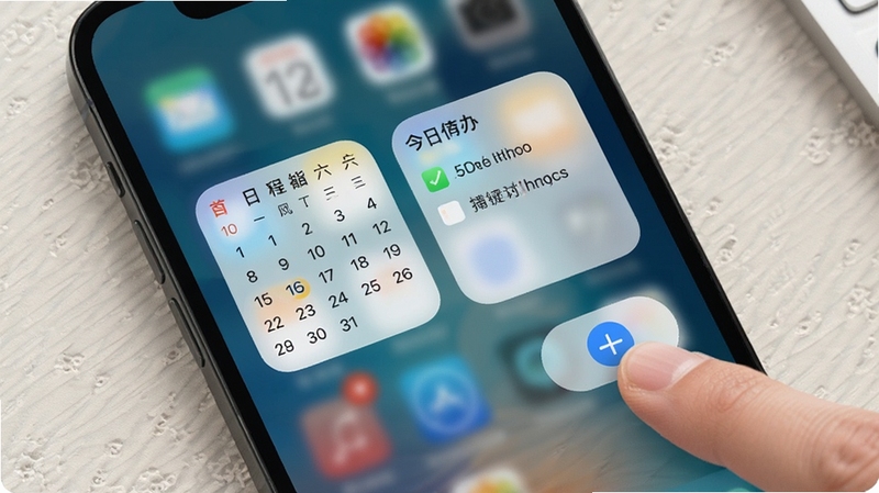 智能日程表桌面小组件展示,手机主屏幕上放置了月历小组件和今日待办小组件,小组件风格透明简约,与壁纸融合自然,旁边有手指点击添加按钮的动作示意,背景为浅色纹理桌面,突出快捷操作体验