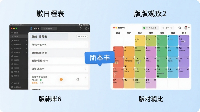 智能日程表旧版本与新版界面对比图,左侧为旧版简洁列表界面,右侧为新版彩色月视图界面,中间有版本号标签,背景为淡蓝色渐变,突出更新迭代带来的体验提升