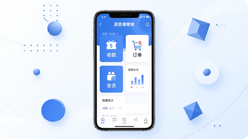 一款名为源思康管家的手机应用界面全貌展示,画面中央是手机屏幕正视图,屏幕内呈现商户管理首页,包含收款、订单、会员、数据统计等模块图标,背景为浅色渐变商务风格,周围环绕简洁的几何装饰元素,整体色调以蓝白为主,画面清晰干净,适合应用商店展示图风格