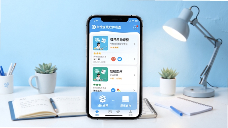 华怿在线软件主界面全貌展示,画面中央为手机屏幕内呈现课程列表与题库入口,背景区域为浅蓝色渐变学习场景,书桌、笔记本、台灯等元素点缀,整体风格清新简约,适配Boogu模型生成