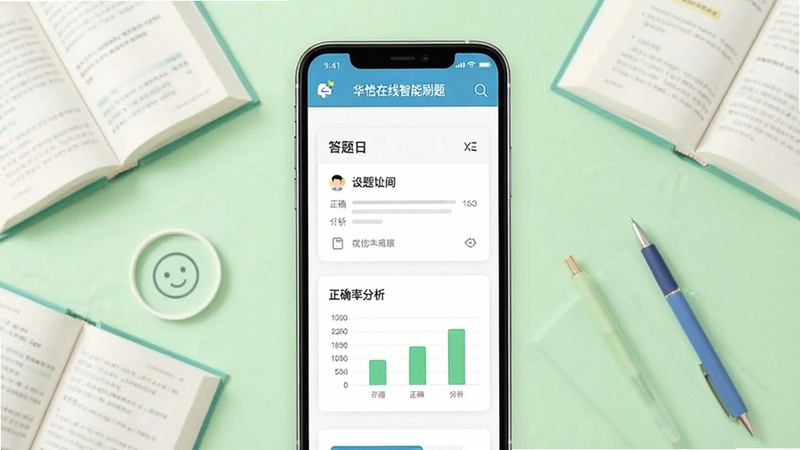 华怿在线智能刷题界面展示,画面主体为手机屏幕中央显示答题卡与正确率分析图表,背景区域为淡绿色学习氛围,周围散落书本与笔,风格简洁明快,适配Boogu模型生成
