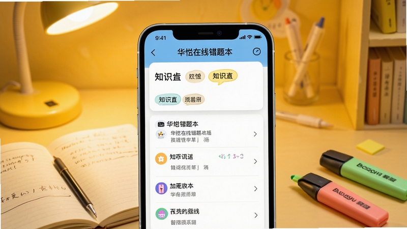 华怿在线错题本功能页面展示,画面中央为手机屏幕内错题列表与知识点标签,背景区域为暖黄色调书房场景,笔记本与荧光笔点缀,突出学习整理氛围,适配Boogu模型生成