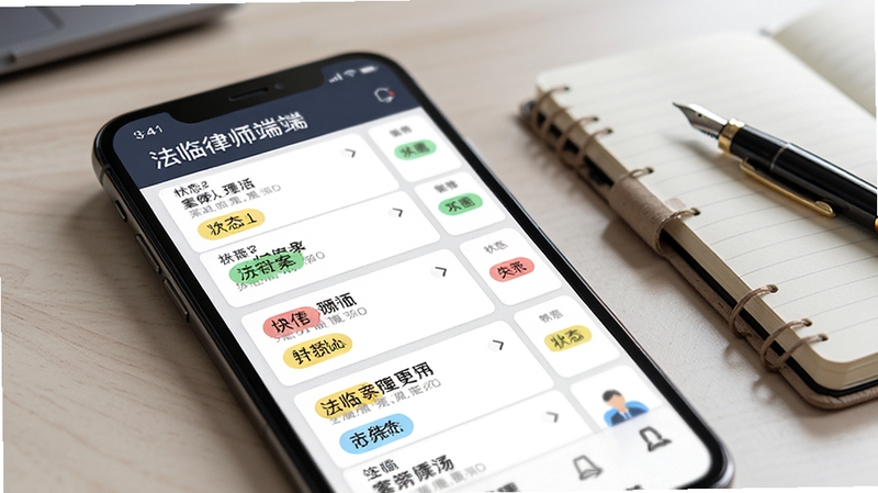 法临律师端案件管理界面特写,画面主体为手机屏幕显示案件卡片列表,卡片带有不同颜色状态标签,背景为干净的书房桌面,旁边放置笔记本和钢笔,整体色调沉稳,突出案件管理功能,适合Boogu生成