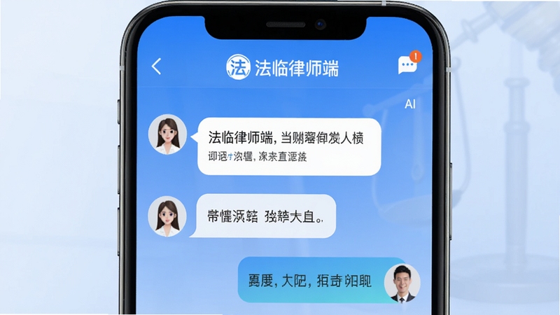 法临律师端即时聊天界面示意图,画面展示手机屏幕中律师与用户的对话气泡,界面顶部显示法临律师端标志,背景为简约的蓝色渐变,旁边有消息提醒图标,突出沟通便捷性,AI生图风格清新