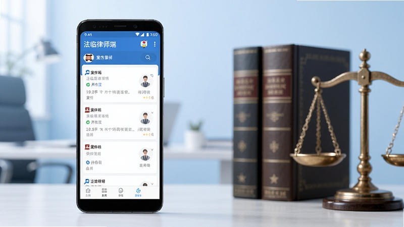 法临律师端主界面全貌展示,画面中央偏左位置放置一部安卓手机,屏幕显示法临律师端首页案件列表与消息提醒界面,背景为浅蓝色渐变办公环境,右侧点缀法律书籍与天平元素,整体风格简洁专业,适合Boogu模型生成