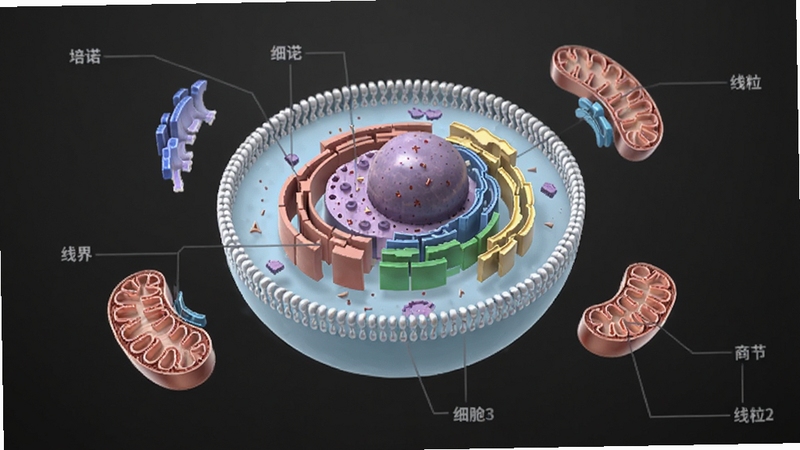 培诺3D视界中一个被拆解开的3D动物细胞模型,细胞膜、细胞核、线粒体等部件悬浮在画面中并带有中文标签,背景为深灰色渐变,风格简洁专业,适配Boogu模型生成