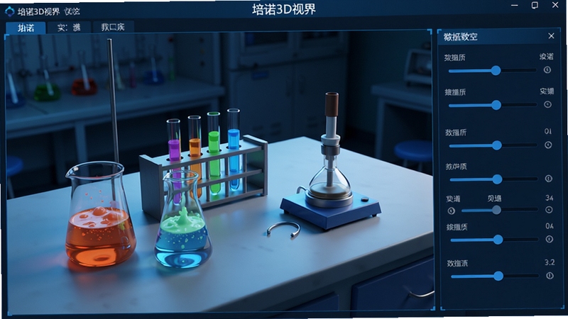 培诺3D视界软件界面中展示一个3D化学实验台,桌面上摆放着烧杯、试管和酒精灯,液体颜色正在发生变化,画面右侧有参数调节滑块,整体色调偏科技蓝,细节丰富,用于Boogu模型生成