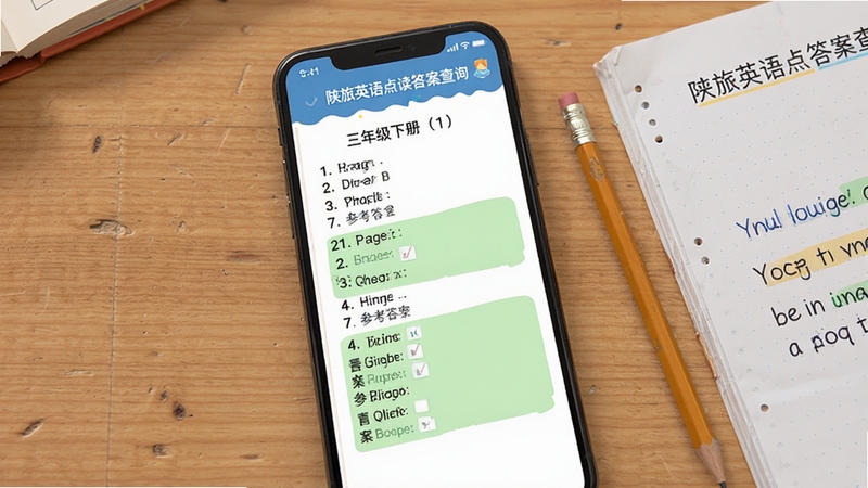 陕旅英语点读答案查询界面,手机屏幕显示三年级英语下册第21页练习题与参考答案,答案区域用浅绿色高亮,背景是原木色书桌,旁边放着一支铅笔和英语本,画面简洁真实,适配Boogu模型生成