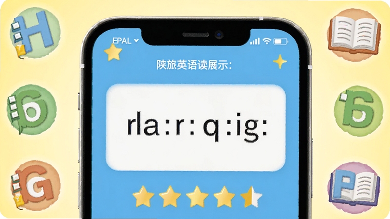 陕旅英语点读功能展示图,画面中央是手机屏幕显示单词拼读和星级评分,周围环绕英语字母和书本图标,背景为浅黄色渐变,整体活泼明快,适配Boogu模型生成