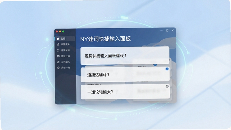 速词软件主界面展示,画面中央是简洁的短语列表卡片,背景为柔和的蓝白渐变色调,带有轻微科技感光晕,主体文字清晰显示速词快捷输入面板