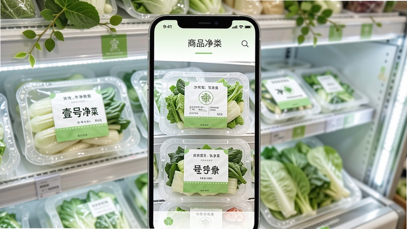壹号净菜商品分类页面,画面展示手机界面中整齐排列的净菜包装盒,每个包装盒上贴有标签,背景为冷藏货架与绿色装饰元素,画面色调以白色和浅绿为主,体现干净卫生的净菜形象,适合软件功能展示