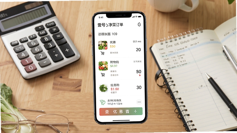 壹号净菜订单结算界面,画面中心为手机屏幕显示购物车清单与优惠信息,背景区域为木质餐桌与计算器、记账本,营造实惠采购的氛围,画面风格简洁商务,适合软件下载站配图