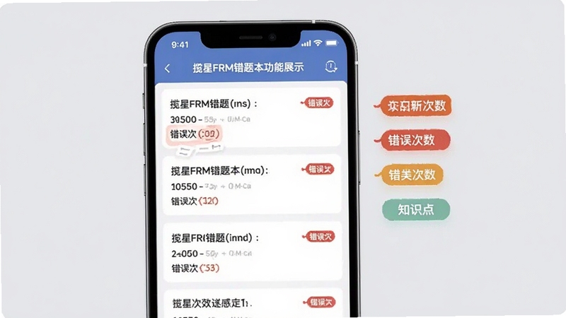 揽星FRM错题本功能展示,手机界面列出多道错题及错误次数标记,旁边有知识点标签,背景为浅灰色,风格简约,适配Boogu模型生成