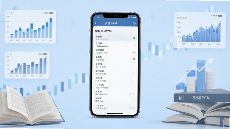 揽星FRM软件主界面全貌展示,手机屏幕居中显示题库列表与学习进度面板,背景为浅蓝色渐变,周围环绕金融图表与书本元素,整体风格简洁专业,适配Boogu模型生成