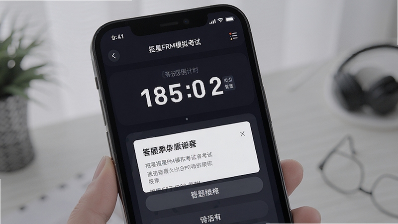 揽星FRM模拟考试倒计时界面,手机屏幕显示计时器与答题卡,背景为深色护眼模式,突出考试氛围,适配Boogu模型生成