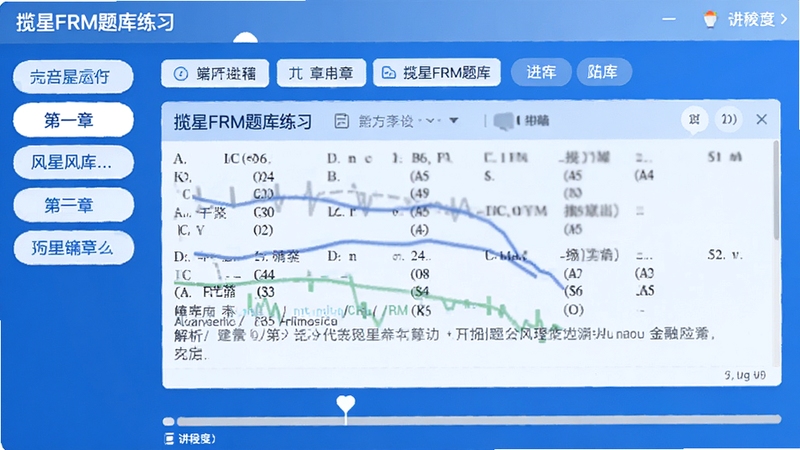 揽星FRM题库练习界面截图风格,画面中央展示一道金融风险管理选择题与解析文字,周围有章节标签和进度条,配色以蓝白为主,干净清爽,适配Boogu模型生成