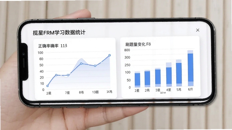 揽星FRM学习数据统计页面,手机屏幕展示折线图与柱状图,反映正确率和刷题量变化,背景为白色卡片式布局,适配Boogu模型生成