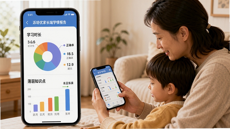 派培优家长端学情报告界面展示,手机屏幕中呈现彩色饼状图和柱状图,标注着学习时长、正确率、薄弱知识点等数据,旁边有家长与孩子一起查看手机的场景,整体风格简洁温馨