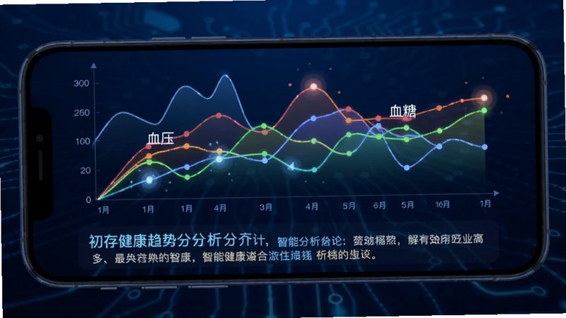 初存健康趋势分析图表界面,手机屏幕上显示多条彩色折线图,分别代表血压、血糖等指标的变化趋势,图表下方有智能分析结论文字,背景为深蓝色科技感渐变,图表线条清晰,数据点闪烁,体现智能分析功能。