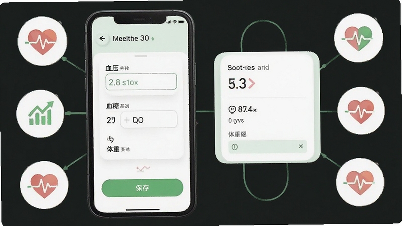 初存应用内健康数据记录界面截图,手机屏幕显示血压、血糖、体重等数据录入卡片,背景为白色与浅绿色搭配,界面干净整洁,有清晰的数据输入框和保存按钮,周围环绕着代表健康数据的抽象图标。