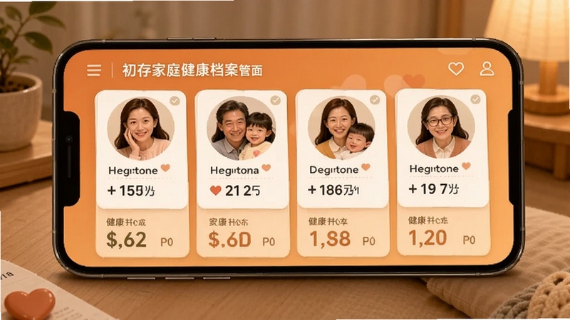 初存家庭健康档案管理界面,手机屏幕显示多个家庭成员头像卡片,每个卡片下方有健康数据摘要,界面以暖色调为主,温馨舒适,体现家庭关怀与数据共享功能。