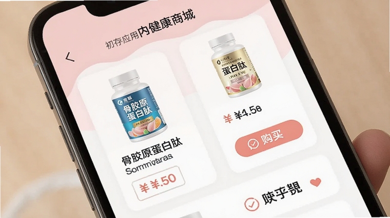 初存应用内健康商城页面,手机屏幕显示骨胶原蛋白肽产品列表,包含产品图片、名称、价格与购买按钮,背景为浅粉色与白色搭配,界面温馨,突出健康产品展示。