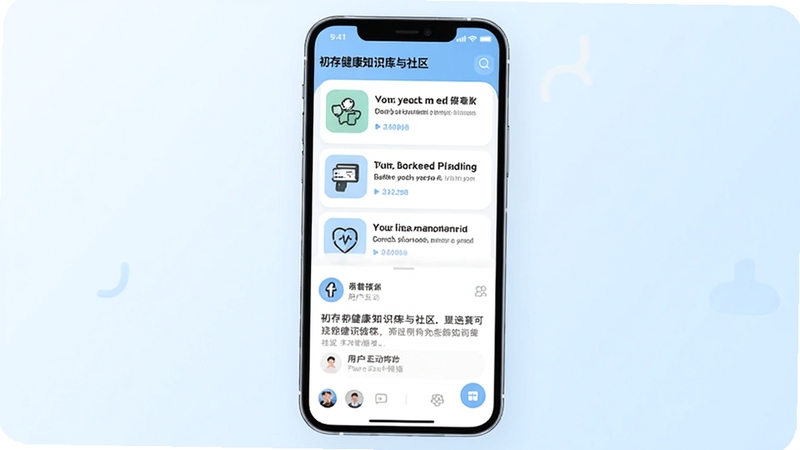 初存健康知识库与社区界面,手机屏幕上半部分显示健康文章列表,下半部分显示用户互动帖子,背景为白色与淡蓝色搭配,界面友好,体现知识获取与社交互动功能。