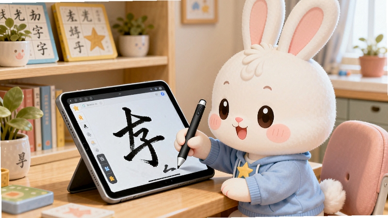 画面主体为一只可爱的卡通星小兔坐在书桌前,手持智能笔在平板上书写汉字,背景区域为温馨的儿童书房,书架上摆放着字帖和绿植,整体色调柔和明亮,突出星小兔AI练字的智能练字场景