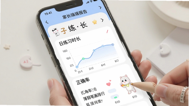 星小兔AI练字家长端报告界面,画面展示一个手机屏幕,屏幕内是孩子的练字数据图表,包括每日练习时长、正确率曲线和薄弱笔画排行,背景为柔和的灰白色调,突出数据可视化设计