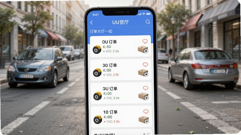 UU货运APP订单大厅界面展示,手机屏幕中显示四轮小件订单列表,背景为城市街道与停靠的小轿车,风格写实明亮