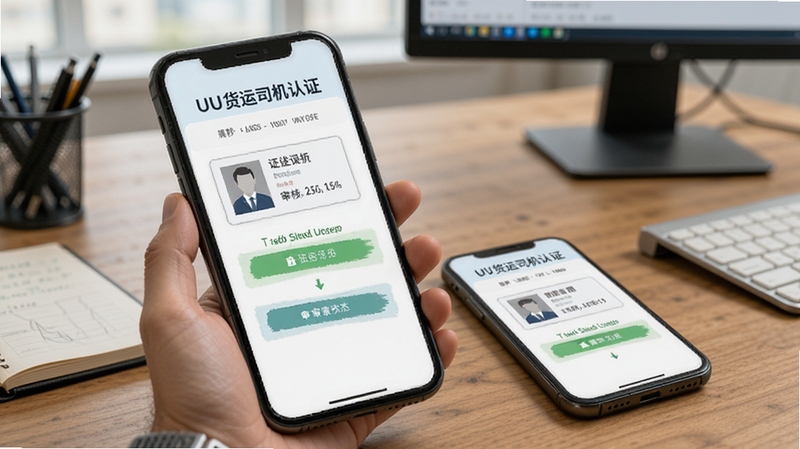 UU货运司机认证页面展示,手机屏幕上显示证件上传与审核状态,背景为办公桌面与手机特写