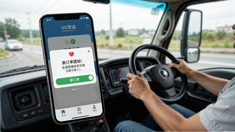 UU货运APP消息通知与语音播报功能展示,手机屏幕弹出新订单提醒,背景为驾驶室环境