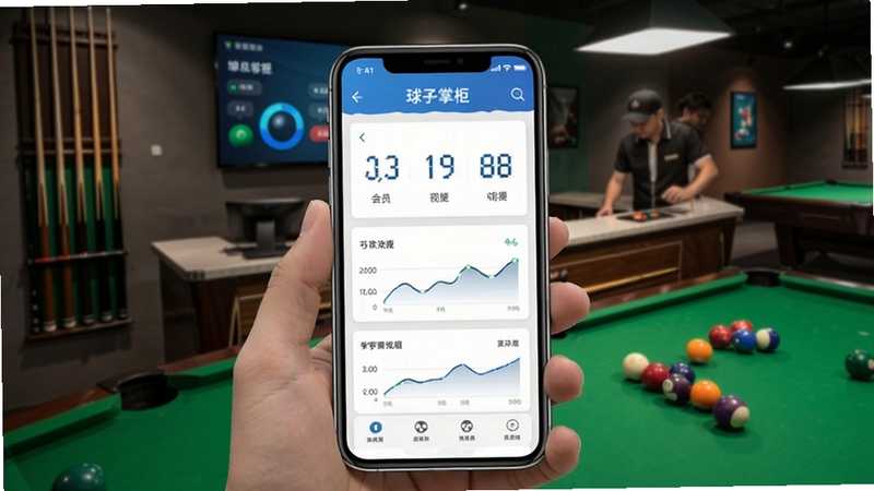 球房云掌柜会员计费管理界面展示,手机屏幕特写,背景为台球厅前台,画面中有台球、球杆等元素,突出数字化管理便捷性