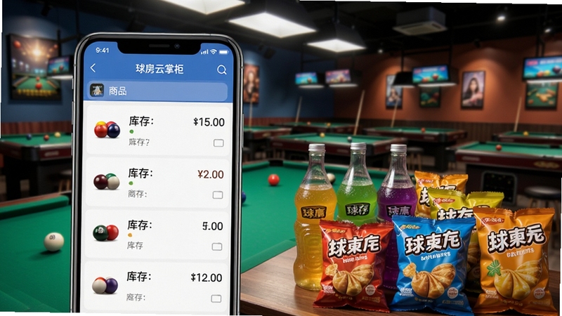 球房云掌柜商品销售与库存管理功能展示,手机界面显示商品列表和库存数量,旁边摆放饮料零食,台球厅环境背景