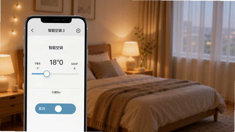 三菱智能空调3远程控制功能示意图,手机屏幕显示温度调节滑块和开关按钮,背景为温馨卧室,柔和暖色调,突出便捷操作
