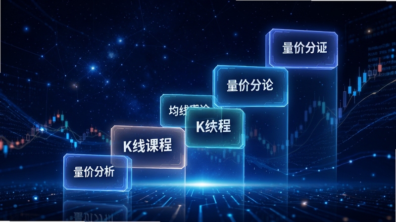 益学堂海量投教课程体系展示图,画面主体为悬浮在空中的多块课程卡片,每张卡片上标注不同课程名称如K线入门、均线理论、量价分析等,卡片按难度阶梯式排列,背景为深蓝色星空与数据流线条,整体呈现知识体系化与科技感