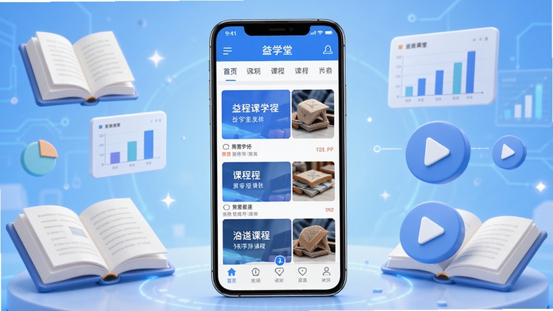 益学堂软件主界面全貌展示,画面中央为手机屏幕正显示益学堂APP首页课程列表与导航栏,背景为浅蓝色渐变科技感空间,周围环绕书籍、图表、播放按钮等学习元素,整体风格清新专业,适配安卓应用展示场景